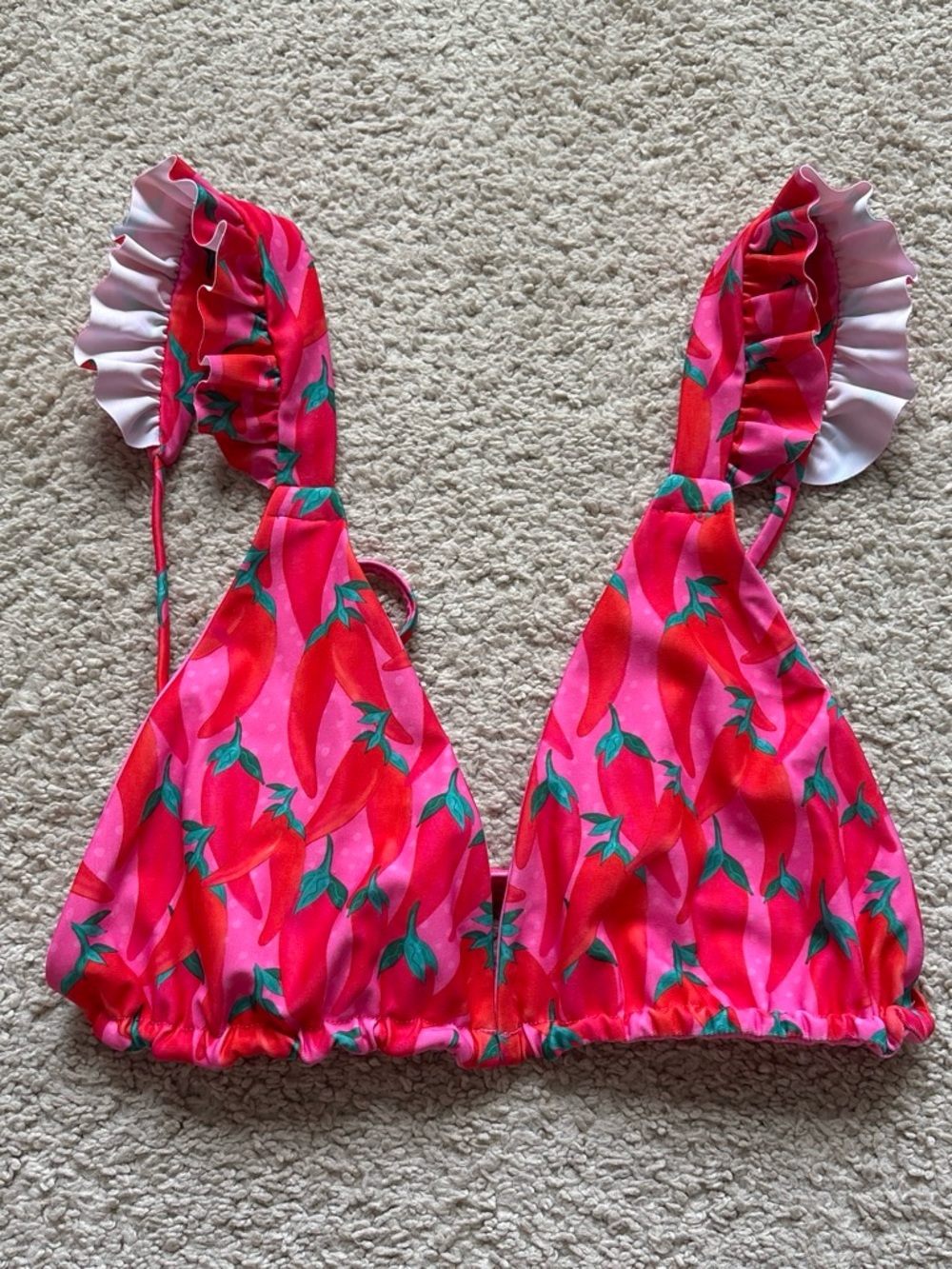 Amazon Women's Pink and Red Chili Print Ruffle Triangle Bikini Top